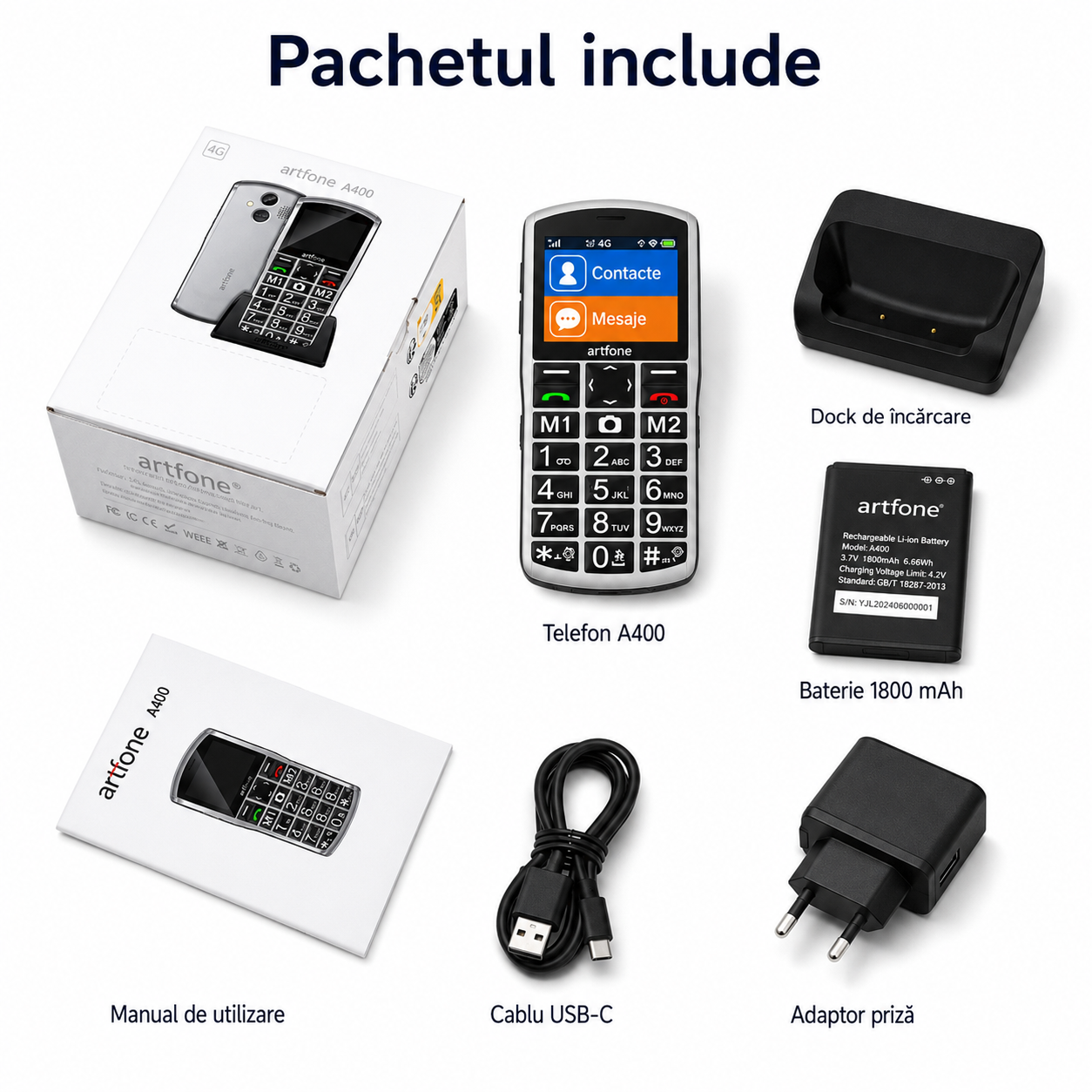 Telefon cu taste mari pentru seniori Artfone A400 4G cu dock de încărcare și buton SOS [9]