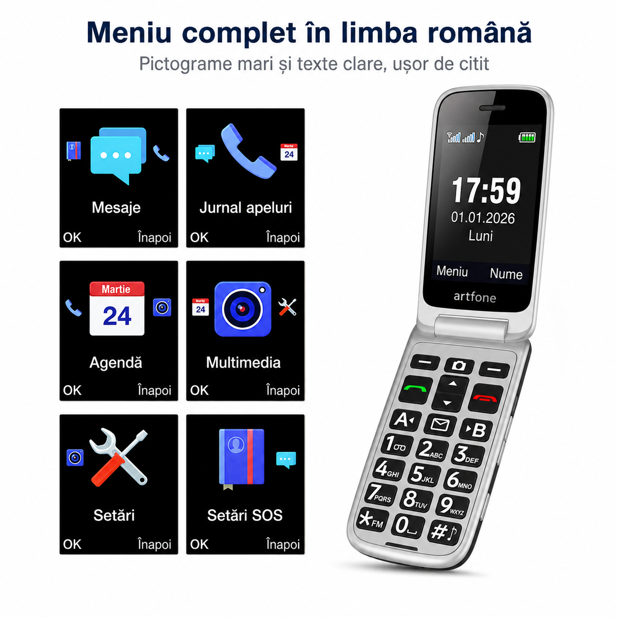 Telefon mobil cu clapetă Artfone C10 pentru seniori, cu taste mari și buton SOS [5]