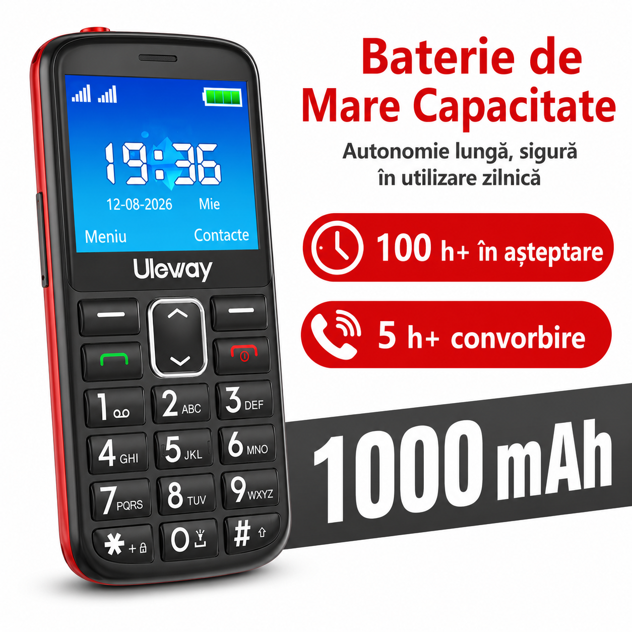 Telefon seniori Uleway M2302 roșu cu taste mari, SOS și stație de încărcare [7]