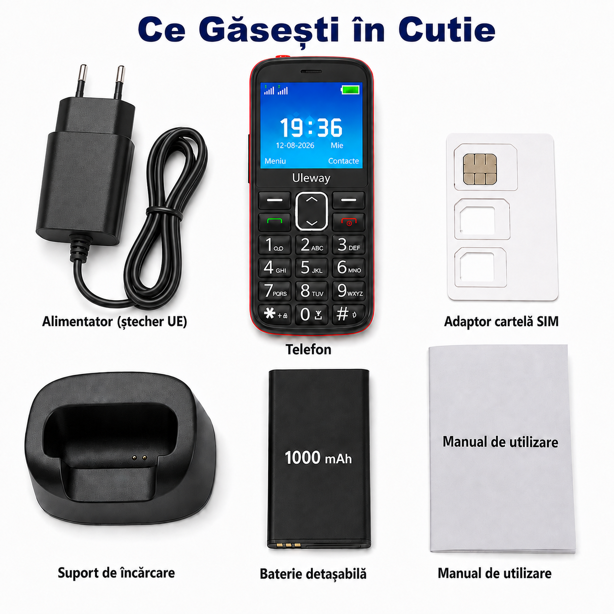 Telefon seniori Uleway M2302 roșu cu taste mari, SOS și stație de încărcare [9]