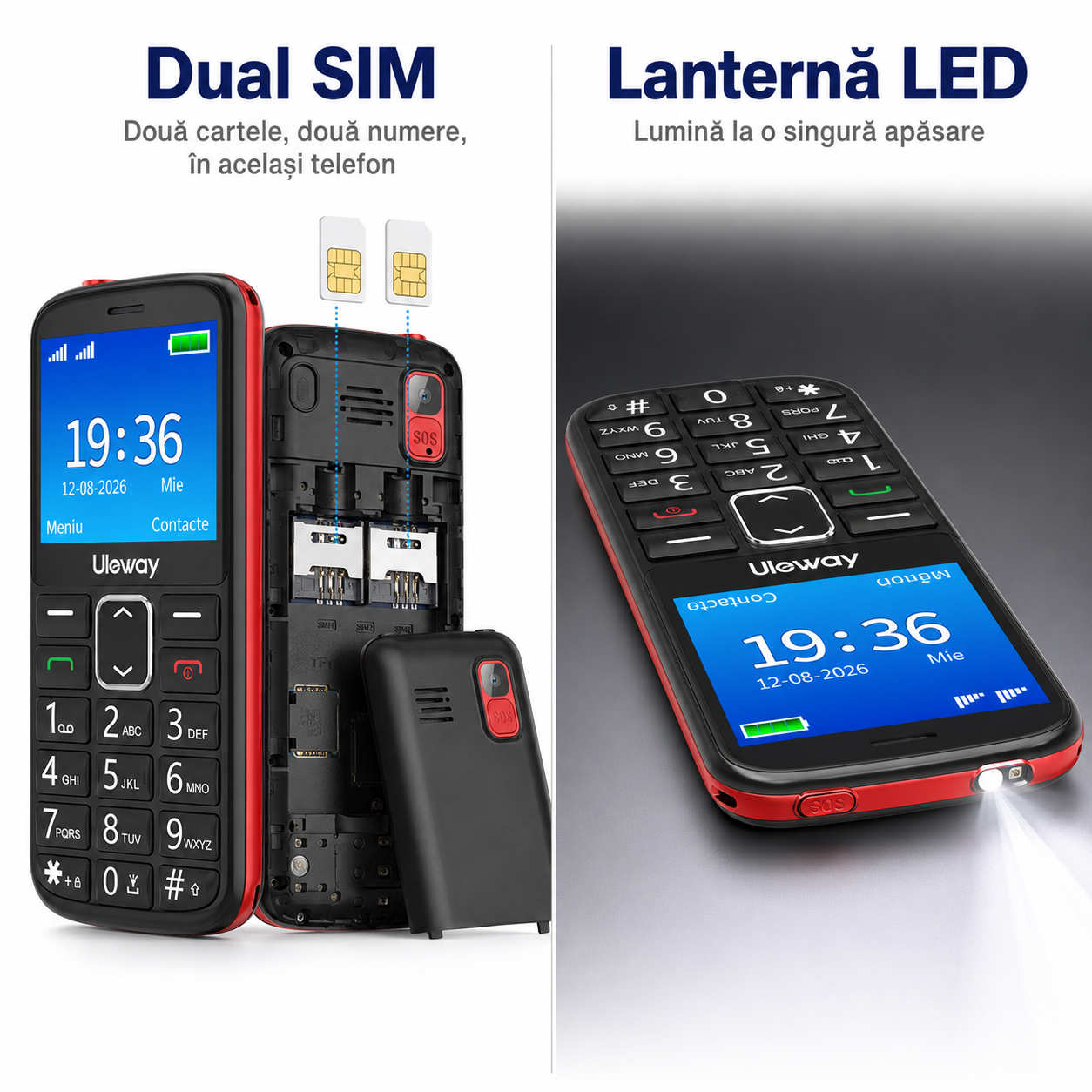 Telefon seniori Uleway M2302 roșu cu taste mari, SOS și stație de încărcare [5]