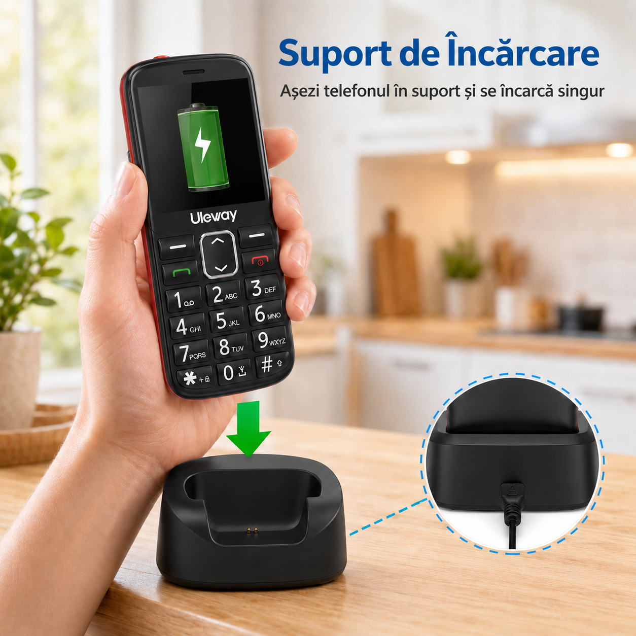 Telefon seniori Uleway M2302 roșu cu taste mari, SOS și stație de încărcare [3]