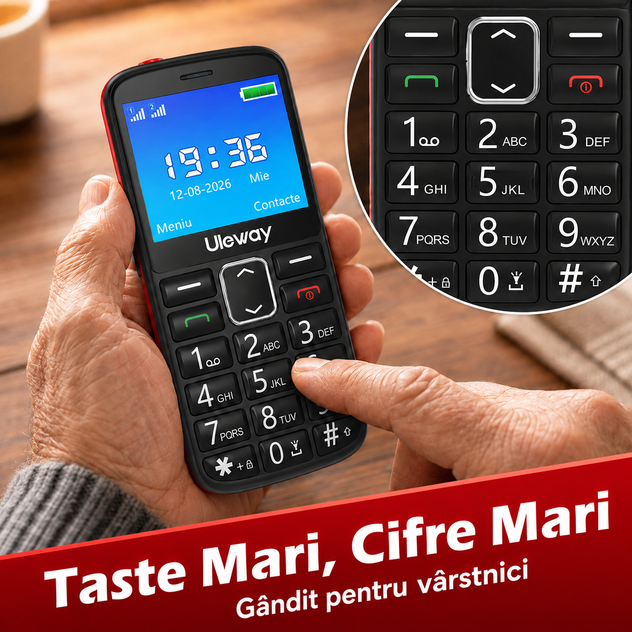 Telefon seniori Uleway M2302 roșu cu taste mari, SOS și stație de încărcare [6]