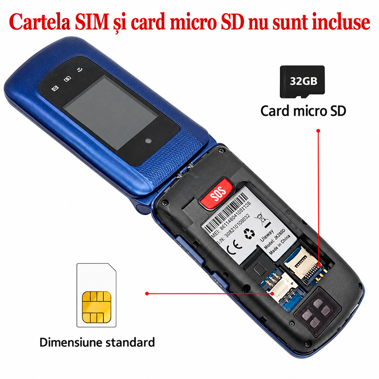 Telefon seniori Uleway G380D cu clapetă, buton SOS și taste mari, albastru [6]
