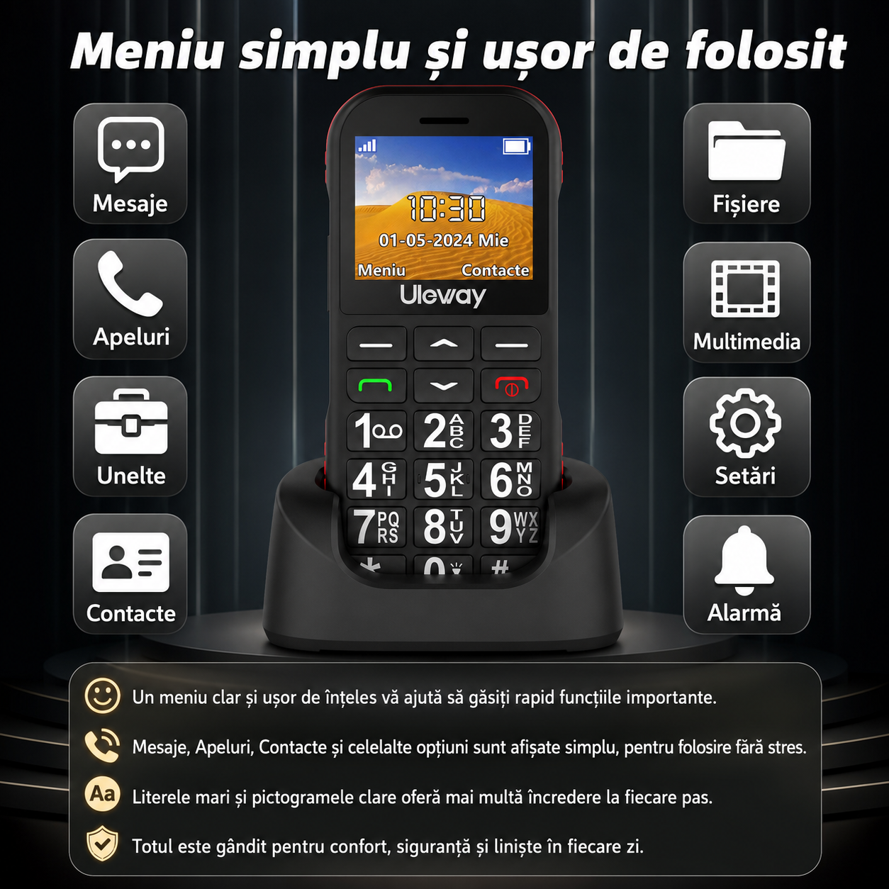 Telefon Uleway G180 pentru seniori cu taste mari, buton SOS și dock de încărcare [8]