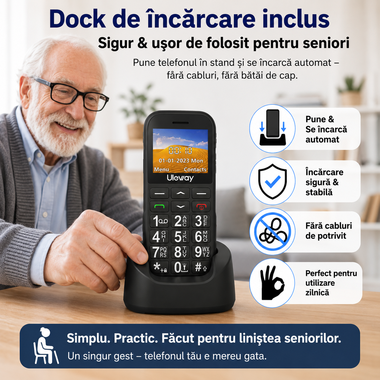 Telefon Uleway G180 pentru seniori cu taste mari, buton SOS și dock de încărcare [6]