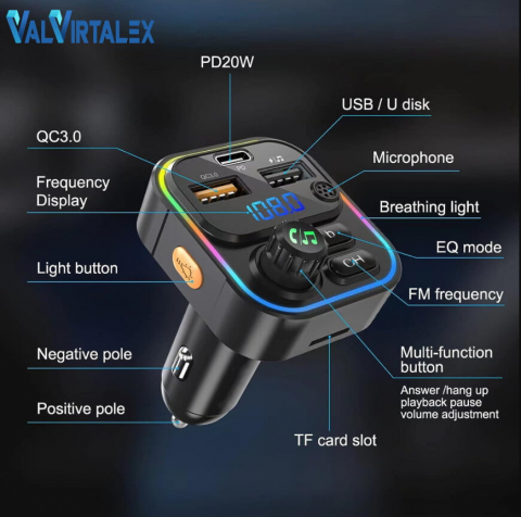 Modulator FM Auto C17 Bluetooth 5.0, QC3.0, USB-C, Afișaj Digital și RGB [6]