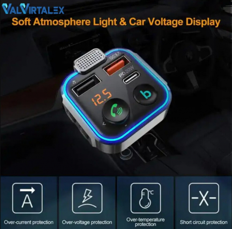 Modulator FM Auto Bluetooth VALVIRTALEX® cu LED și Încărcare USB 20W [1]