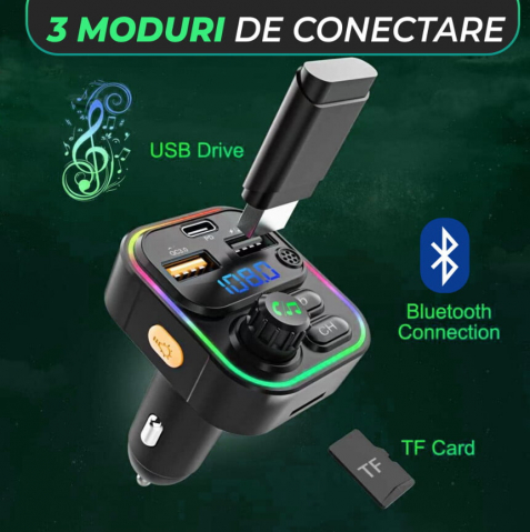 Modulator FM Auto C17 Bluetooth 5.0, QC3.0, USB-C, Afișaj Digital și RGB [3]