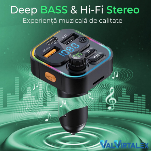 Modulator FM Auto C17 Bluetooth 5.0, QC3.0, USB-C, Afișaj Digital și RGB [1]