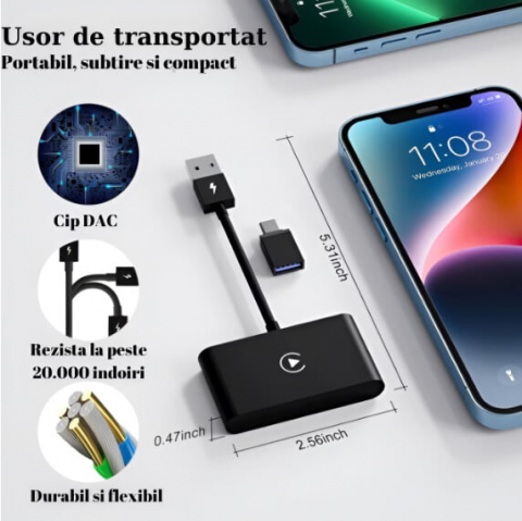 Adaptor Wireless CarPlay VALVIRTALEX® – Compatibil iPhone, Plug & Play, Bluetooth + Wi-Fi, USB-A/Type-C [6]