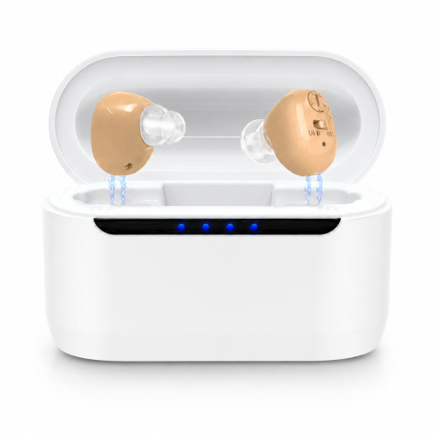 Aparate Auditive - Amplificator auditiv Great-Ears G12C reincarcabil bej, set 2 bucati cu husa de incarcare magnetica