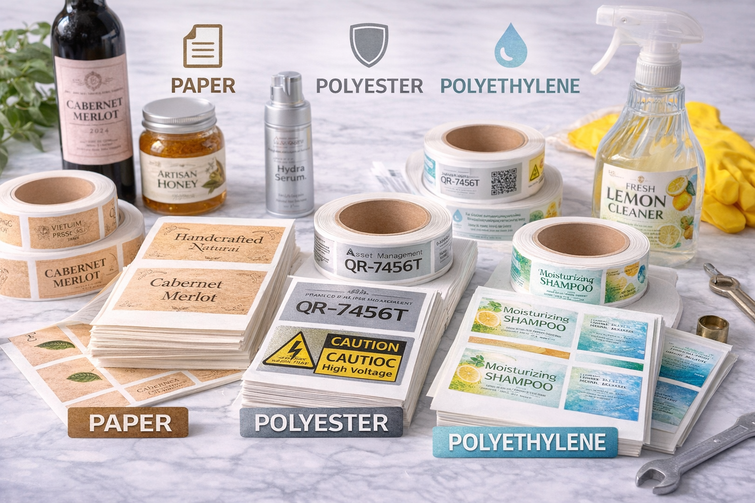 Cum Alegi Materialul Potrivit pentru Etichete: Hârtie vs. Poliester vs. Polietilenă