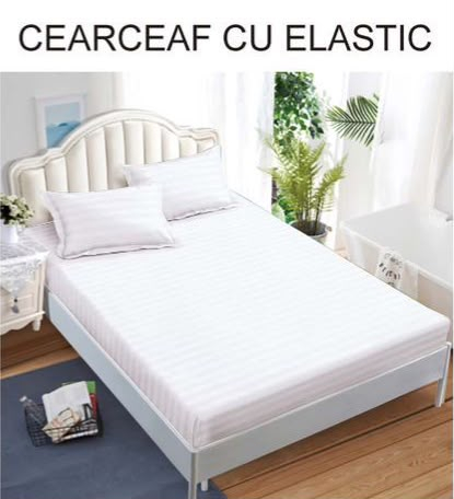 Lenjerie de Pat Damasc Satinat Alb, 6 Piese, Cearșaf cu Elastic 180x200 cm [3]