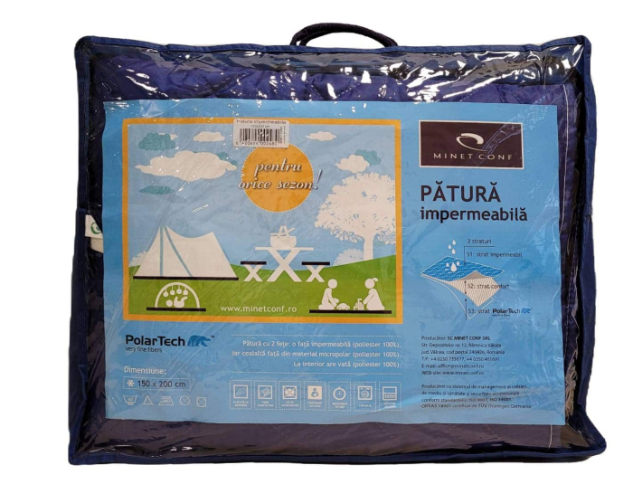 Patura cocolino picnic impermeabila 3 straturi, PolarTech Somnart, 150x200, albastru + gri inchis [4]