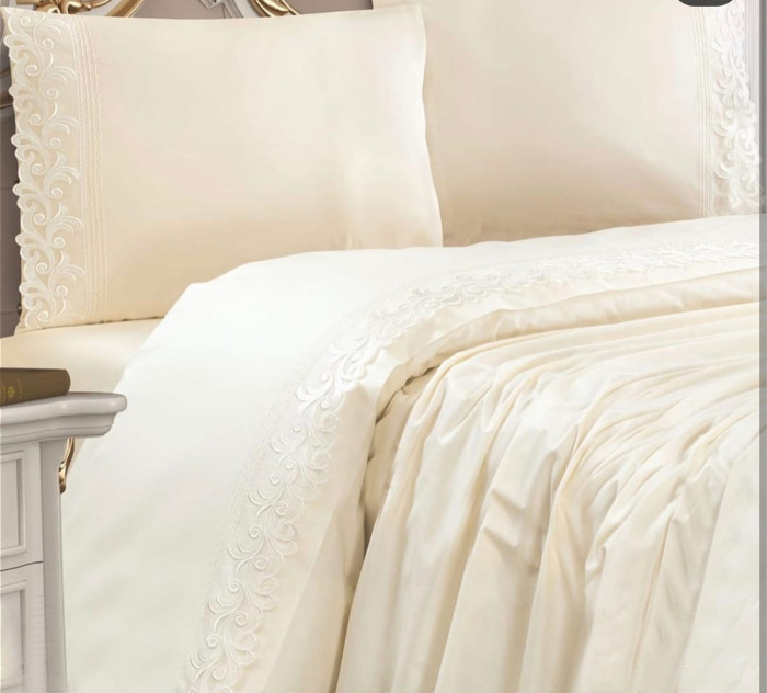Set Lenjerie Bumbac Damasc Cu Broderie Lux Crem – 4 Piese [2]