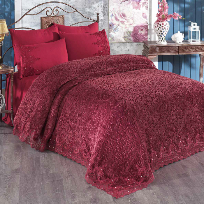 Set Lenjerie + Cuvertura de lux Matlasată cu broderie Elegantă 6 piese Rosu [1]