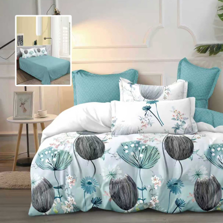 Lenjerii De Pat - Lenjerie de pat 6 Piese Bumbac 100% Finet -Model -Model Alb-Turcoaz