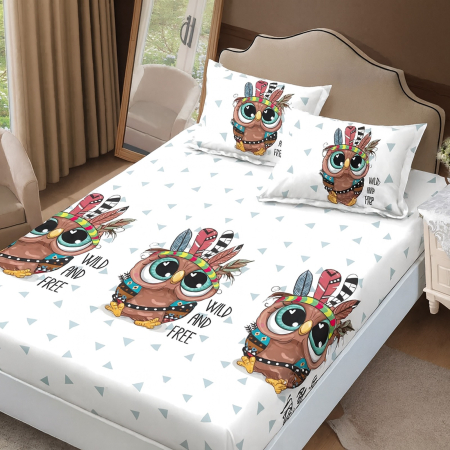 Protectie Saltea - Husa de pat Finet + 2 fete de perna, pentru saltea de 160×200 cm, Bufnite