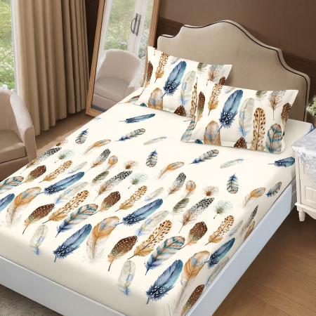 Cearceaf cu elastic si Fete Perna - Husa de pat Finet + 2 fete de perna, pentru saltea de 160×200 cm, Pene colorate