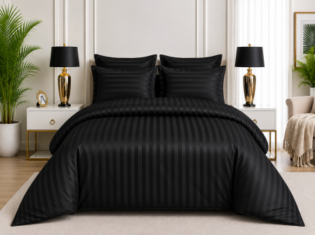 Lenjerii De Pat Bumbac Damasc - Lenjerie de Pat Damasc Satinat Negru, 6 Piese, Cearșaf cu Elastic 180x200 cm