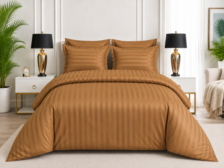 Lenjerii De Pat - Lenjerie de Pat Damasc Satinat Caramel, 6 Piese, Cearșaf cu Elastic 180x200 cm