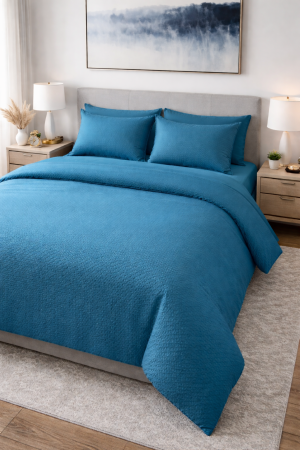 Lenjerii De Pat Bumbac Finet - Lenjerie pat dublu Finet 4 piese 200x220 -Moale si placuta la atingere- Culoare Albastru