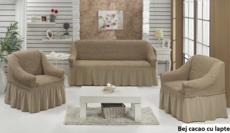 Huse Canapele & Scaune - Set 3 Huse Elastice pentru Canapea de 3 Locuri + 2 Fotolii, Model Creponat