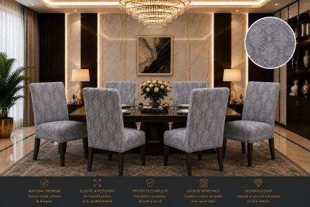 Huse Canapele & Scaune - Set 6 Huse de Scaun, model Jacquard, Gri -Elastice, Elegante, Durabile