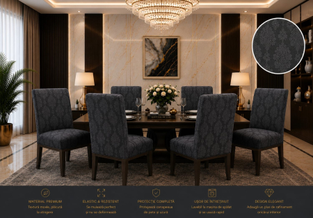 Huse Canapele & Scaune - Set 6 Huse de Scaun, model Jacquard, Gri Inchis -Elastice, Elegante, Durabile