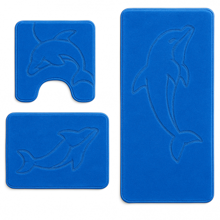 Articole Baie - Set covorase baie 3 piese, Model Delfini, Albastru 60x100cm