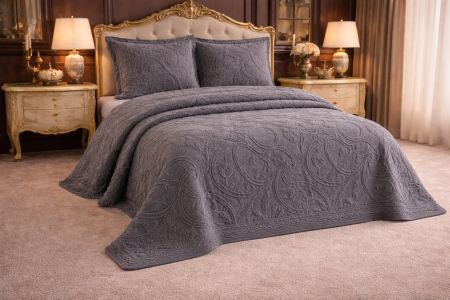 Seturi cuverturi 3 piese - Set Cuvertura De Lux Bumbac 100% 3 Piese 240X260 Cm-Model Premium Gri