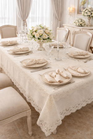 Fete De Masa - Set De Masă Lux 8 Piese – Dantelă Brodată, Șervețele cu Brățări,160X220 Cm