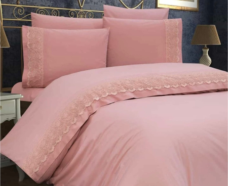 Lenjerii De Pat Bumbac Damasc - Set Lenjerie Bumbac Damasc Cu Broderie Lux Roz – 4 Piese
