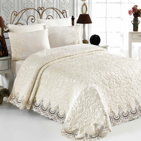 Cuverturi - Set Lenjerie + Cuvertura de lux Matlasată cu broderie Elegantă 6 piese Maro deschis