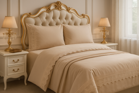 Lenjerii De Pat - Set Lenjerie Bumbac Damasc Cu Broderie Lux Capuccino – 4 Piese