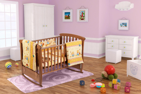 Mama si copilul - Set pentru patut bebe, Somnart, cearceaf cu elastic pentru saltea 60x120x10, pernuta 37×55, pilota 100×105, aparatori 180x45, model Honey
