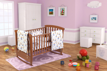 Mama si copilul - Set pentru patut bebe, Somnart, cearceaf cu elastic pentru saltea 60x120x10, pernuta 37×55, pilota 100×105, aparatori 180x45, model Ursuleti