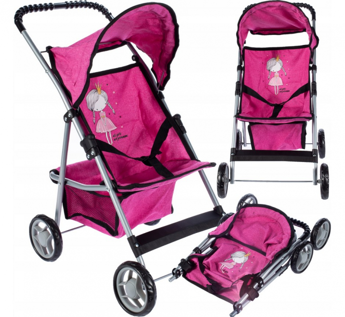 Cărucior cu 4 roți „Little Princess Rose” – Cu Copertină Mobilă, Coș și Centuri [3]