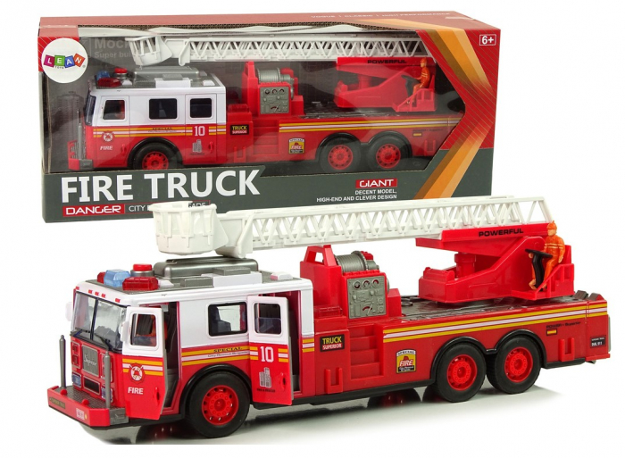 Masina de pompieri cu mecanism prin frecare, lumină, sunete, scară și uși care se deschid [1]