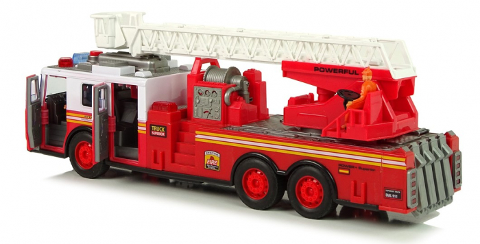 Masina de pompieri cu mecanism prin frecare, lumină, sunete, scară și uși care se deschid [3]