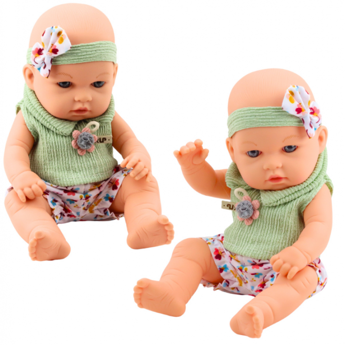 Păpușă bebeluș cu rochiță verde cu flori și bentiță cu fundiță [1]