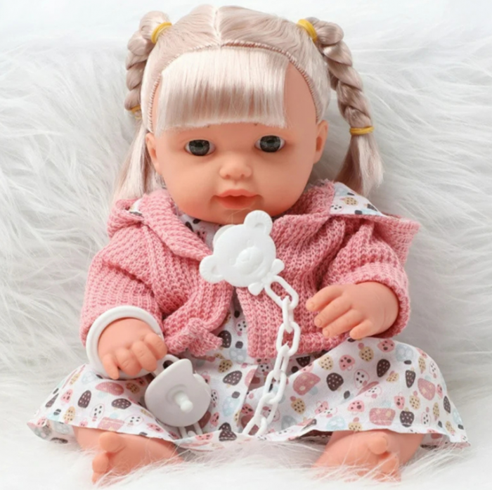 Păpușă bebeluș fetiță în rochie și pulover cu suzetă și sunete [3]