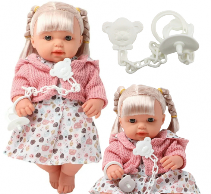 Păpușă bebeluș fetiță în rochie și pulover cu suzetă și sunete [1]