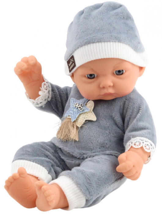 Păpușă bebeluș în pijamale gri cu stelute și căciuliță [3]