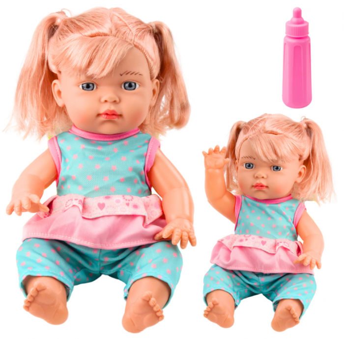 Păpușă bebeluș în set turcoaz cu ponei, biberon și sunet [1]