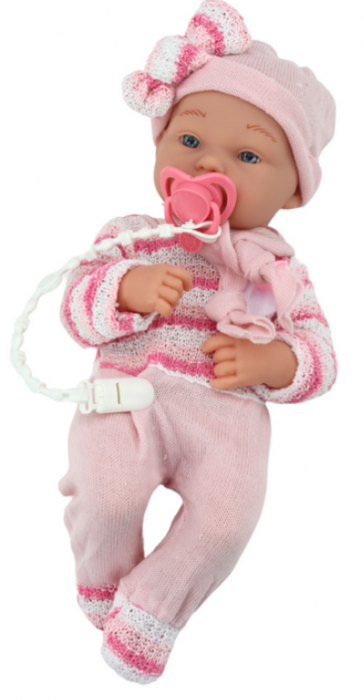 Păpușă bebeluș, pulover în dungi, căciulă, fular, accesorii, roz [2]