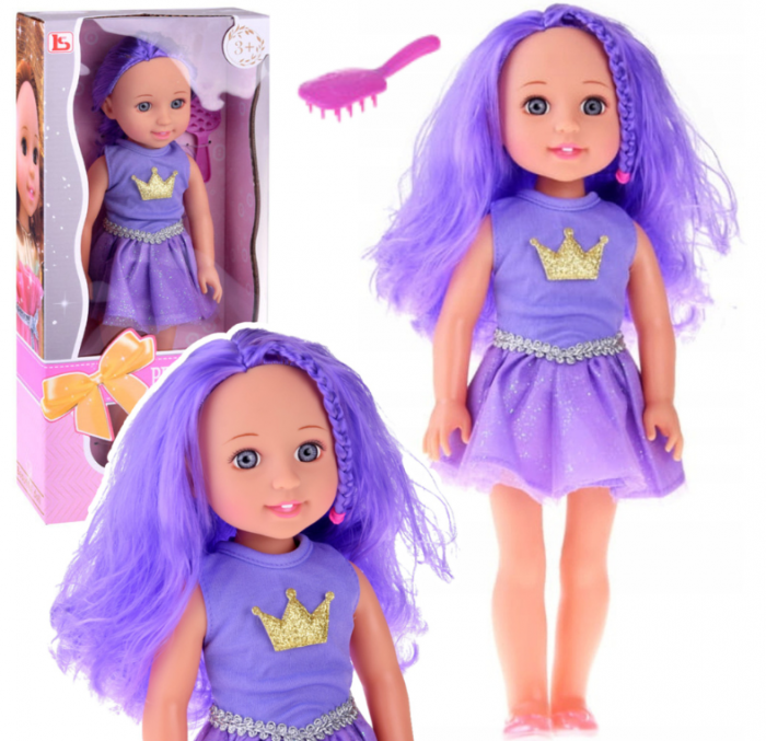 Păpușă în rochie cu coroană, păr lung, mov, cu perie, 38 cm [1]