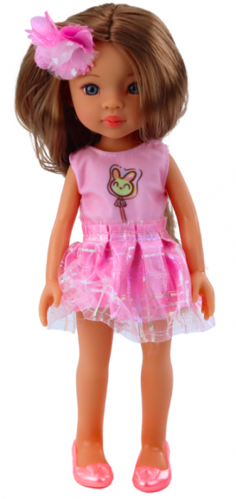 Păpușă în rochie roz, păr lung castaniu, agrafă cu floare [2]