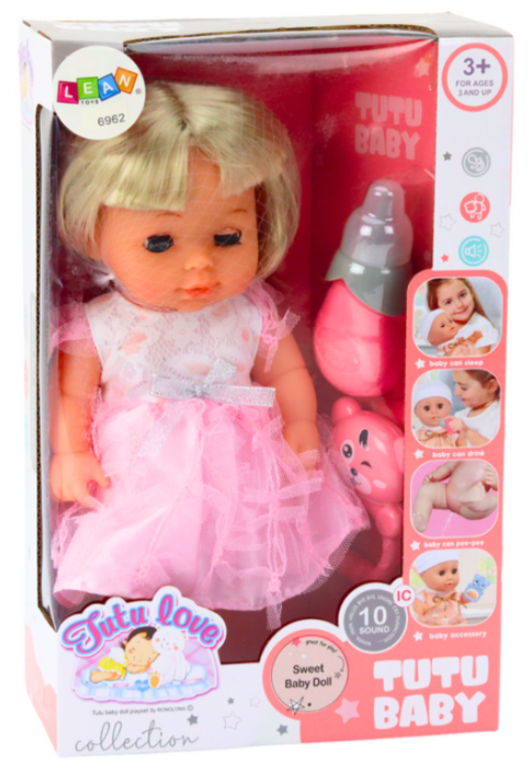 **Păpușă în rochiță roz deschis care face pipi, cu biberon, sunete și zornăitoare** [5]